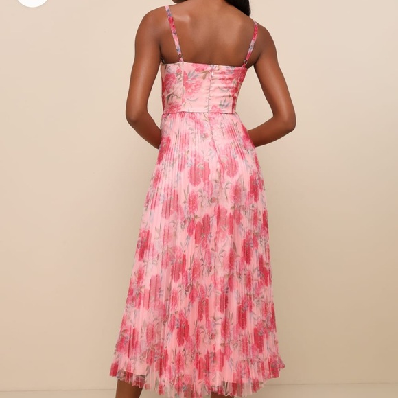 Lulus Alluring Invite Light Pink Floral Pleated Bustier Ankle Dress - Picture 3 of 5